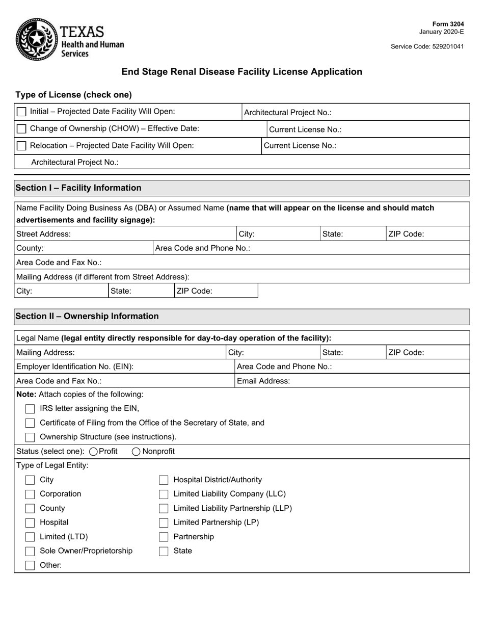 Form 3204 End Stage Renal Disease Facility License Application - Texas, Page 1