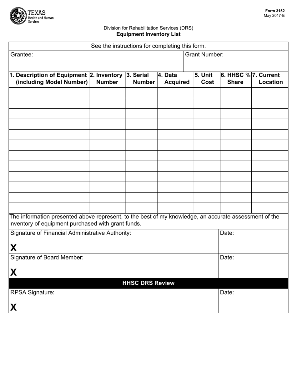 Form 3152 Equipment Inventory List - Texas, Page 1