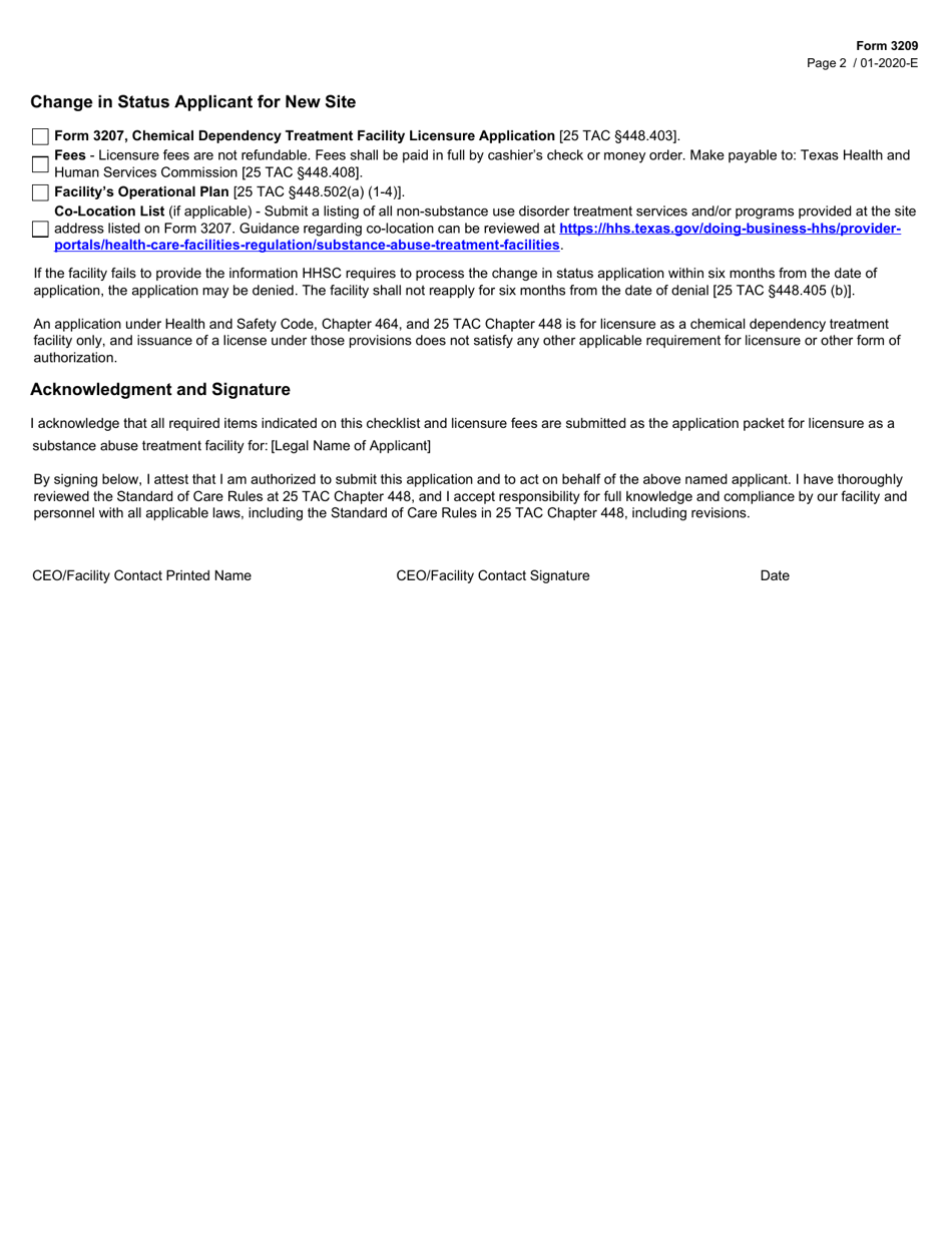 Form 3209 Chemical Dependency Treatment Facility Licensure Application Checklist for Change in Status Applicants - Texas, Page 2