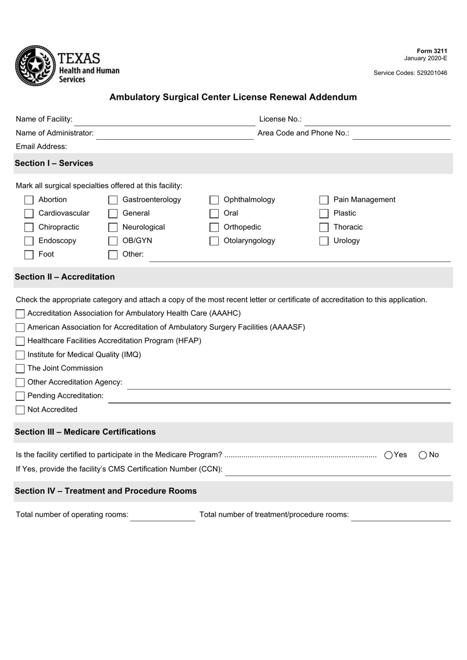 Form 3211 Ambulatory Surgical Center License Renewal Addendum - Texas, Page 1