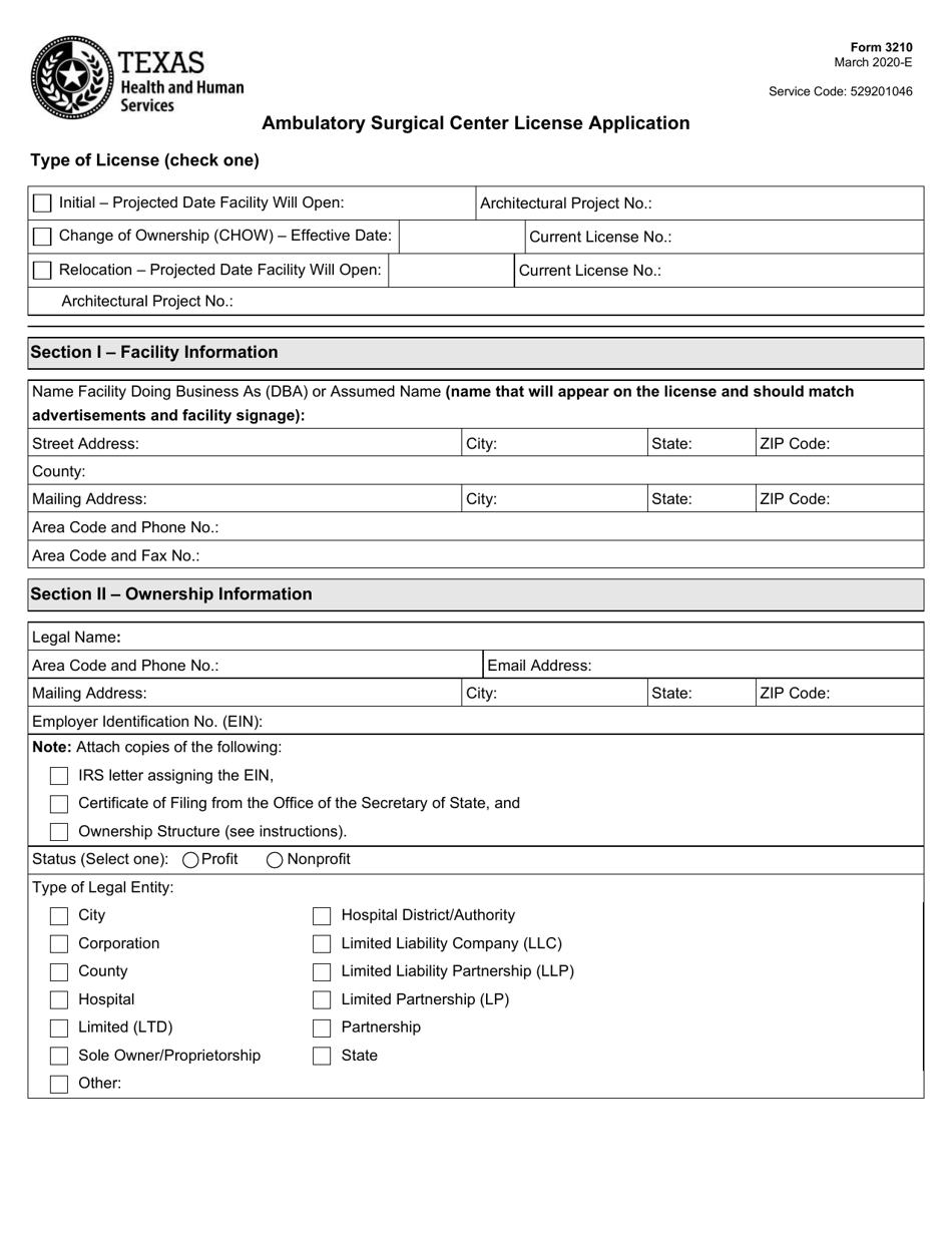 Form 3210 Ambulatory Surgical Center License Application - Texas, Page 1