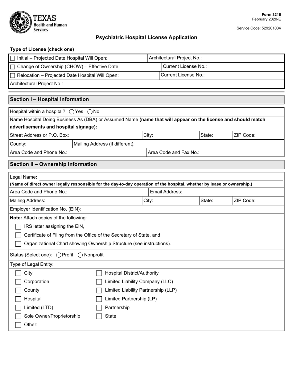 Form 3216 Psychiatric Hospital License Application - Texas, Page 1