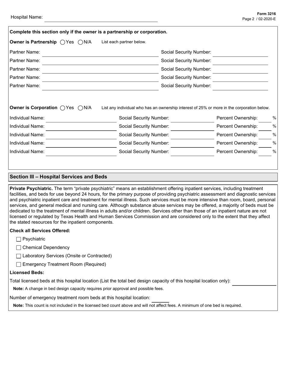Form 3216 Psychiatric Hospital License Application - Texas, Page 2