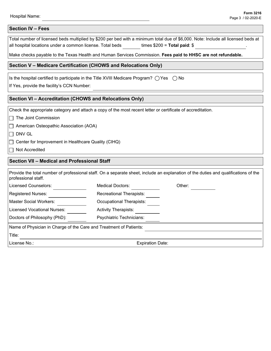 Form 3216 Psychiatric Hospital License Application - Texas, Page 3