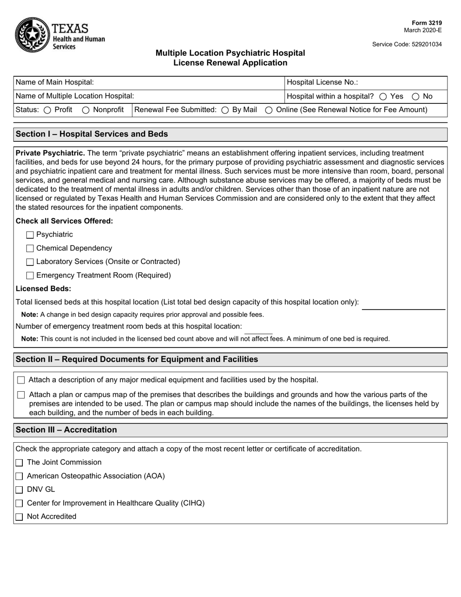 Form 3219 Multiple Location Psychiatric Hospital License Renewal Application - Texas, Page 1