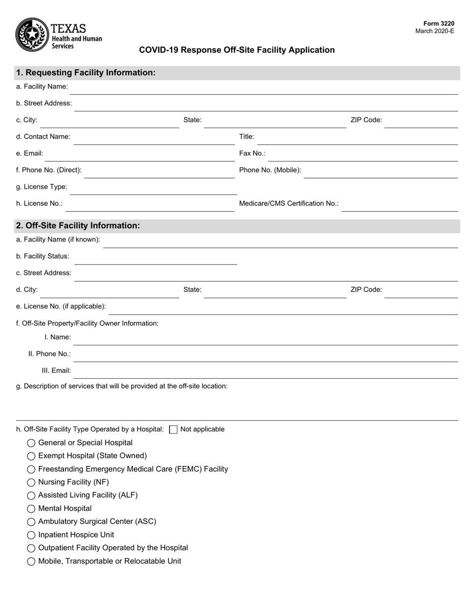 Form 3220 Covid-19 Response off-Site Facility Application - Texas, Page 1