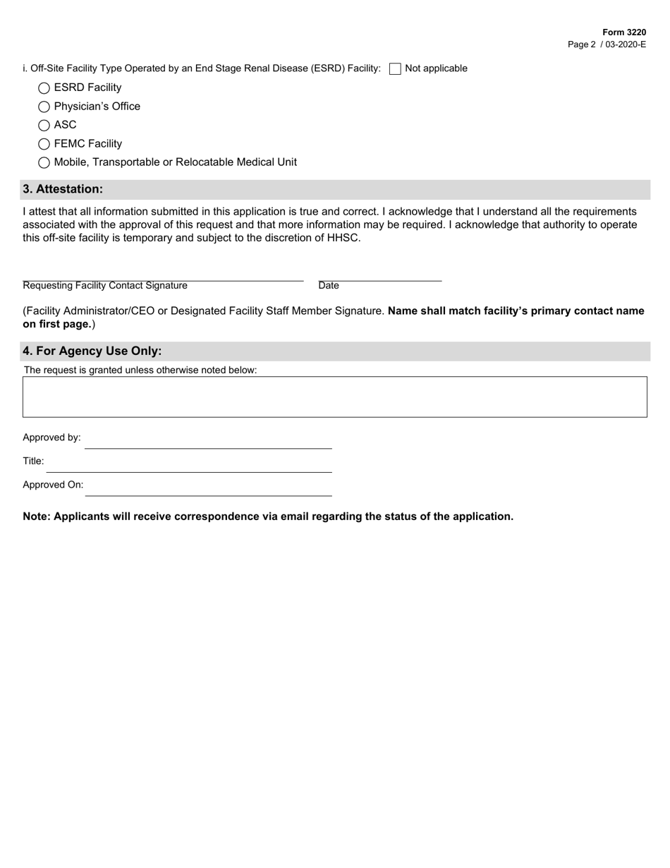 Form 3220 Covid-19 Response off-Site Facility Application - Texas, Page 2