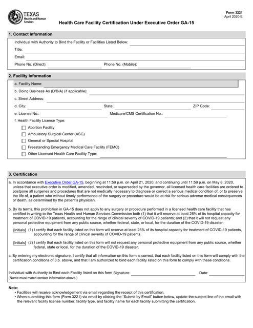 Form 3221 Health Care Facility Certification Under Executive Order Ga-15 - Texas