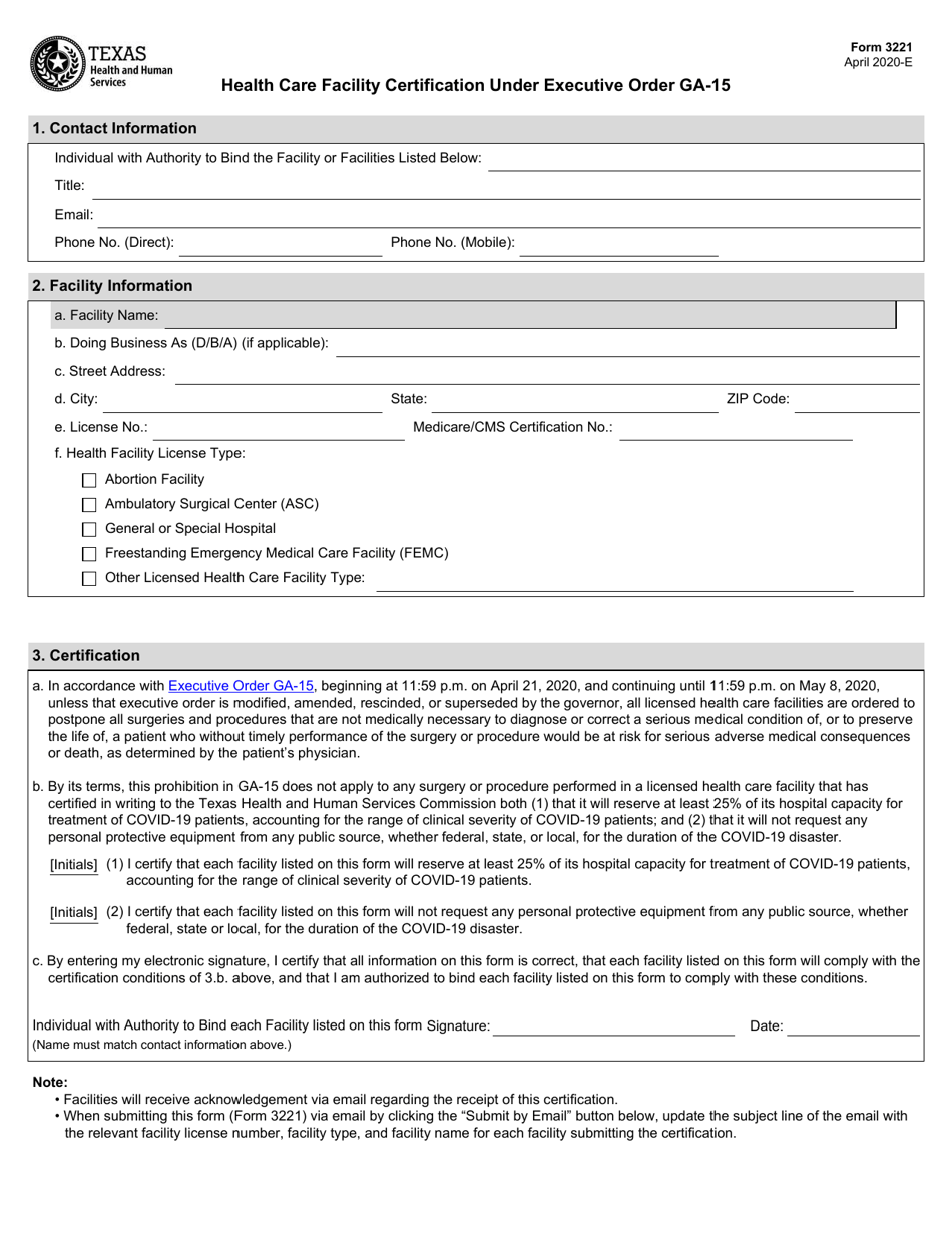 Form 3221 Health Care Facility Certification Under Executive Order Ga-15 - Texas, Page 1