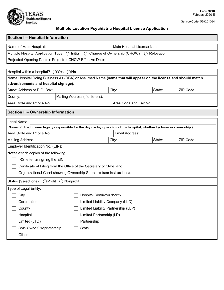 Form 3218 Multiple Location Psychiatric Hospital License Application - Texas, Page 1