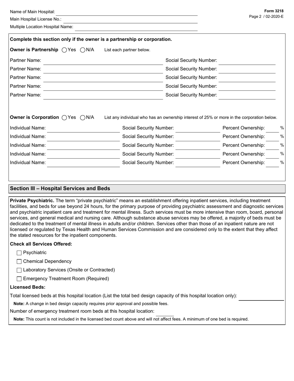 Form 3218 Multiple Location Psychiatric Hospital License Application - Texas, Page 2
