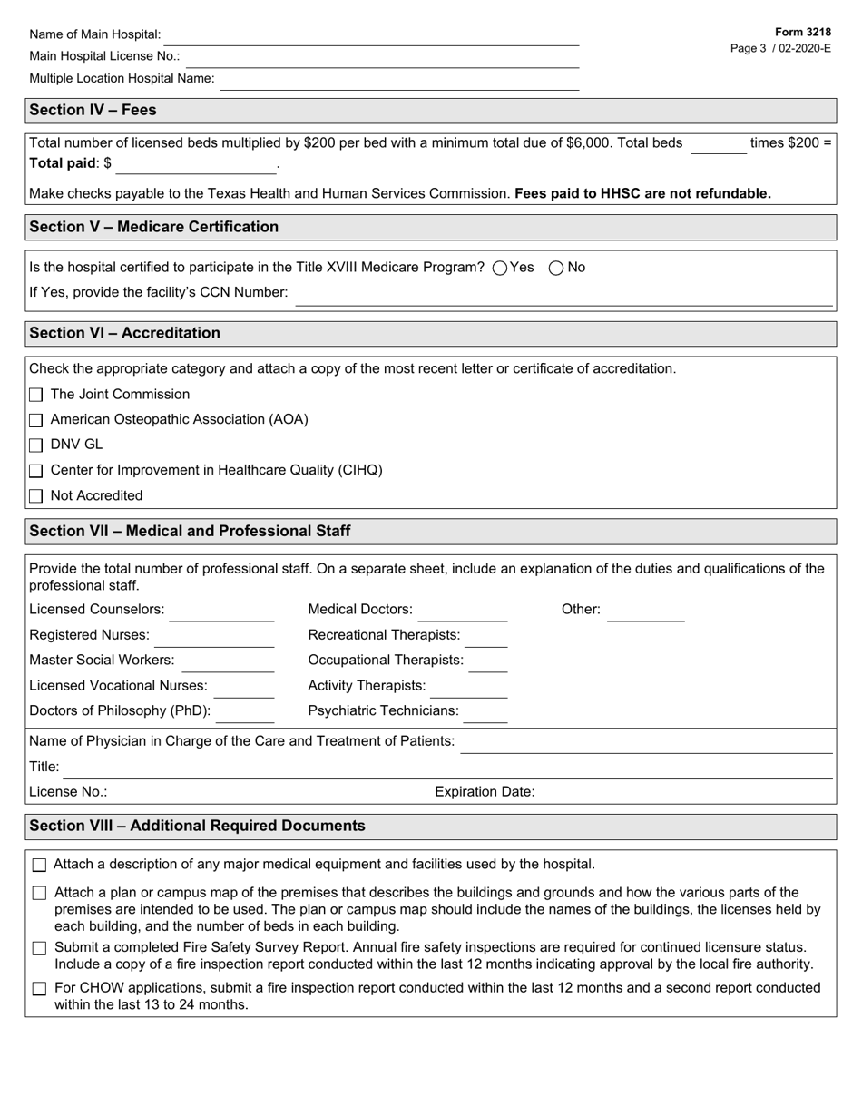 Form 3218 Multiple Location Psychiatric Hospital License Application - Texas, Page 3
