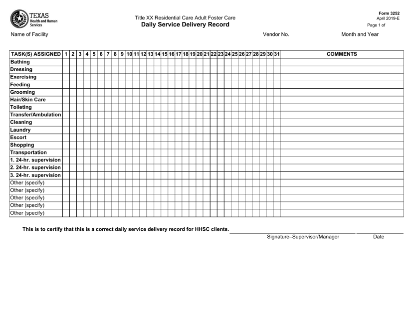 Form 3252 Title Xx Residential Care Adult Foster Care Daily Service Delivery Record - Texas