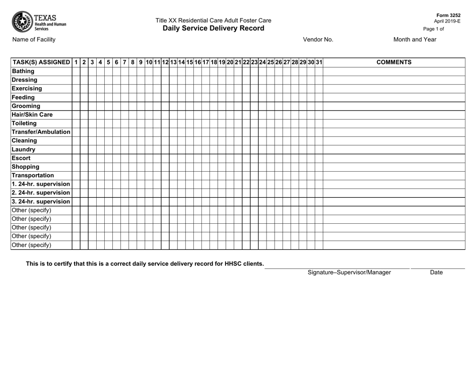 Form 3252 Title Xx Residential Care Adult Foster Care Daily Service Delivery Record - Texas, Page 1