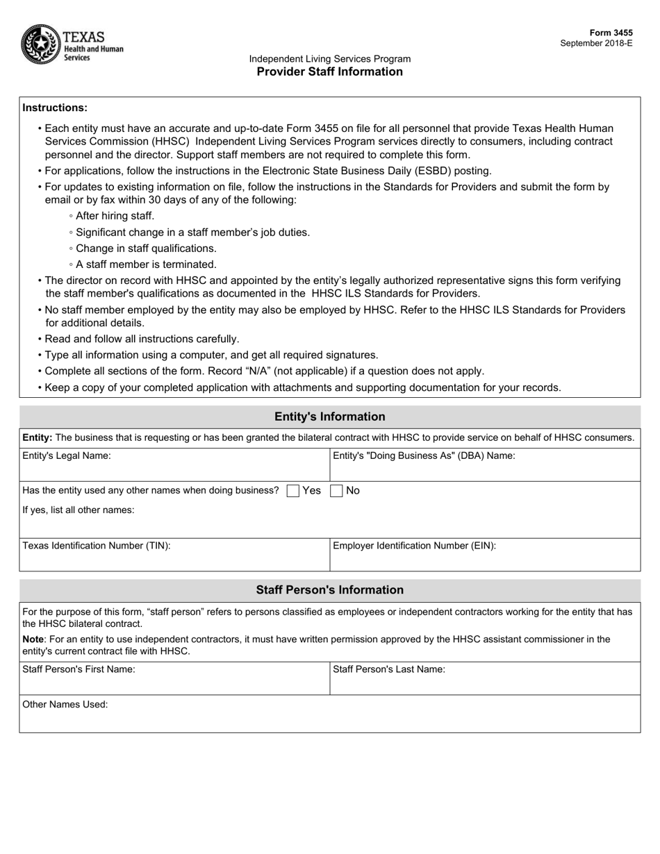 Form 3455 Provider Staff Information - Texas, Page 1