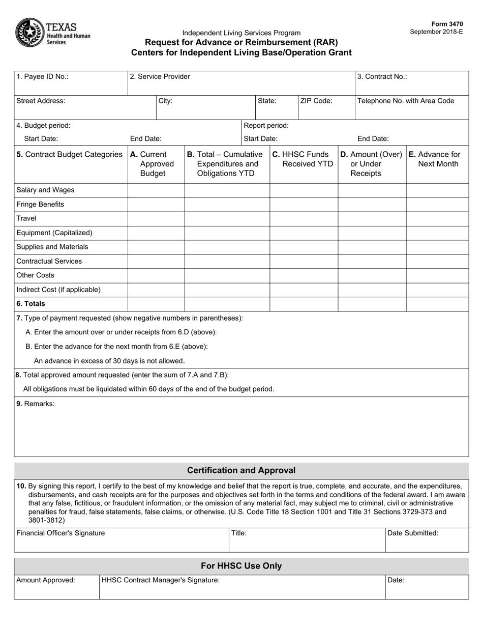 Form 3470 Request for Advance or Reimbursement (Rar) Centers for Independent Living Base / Operation Grant - Texas, Page 1