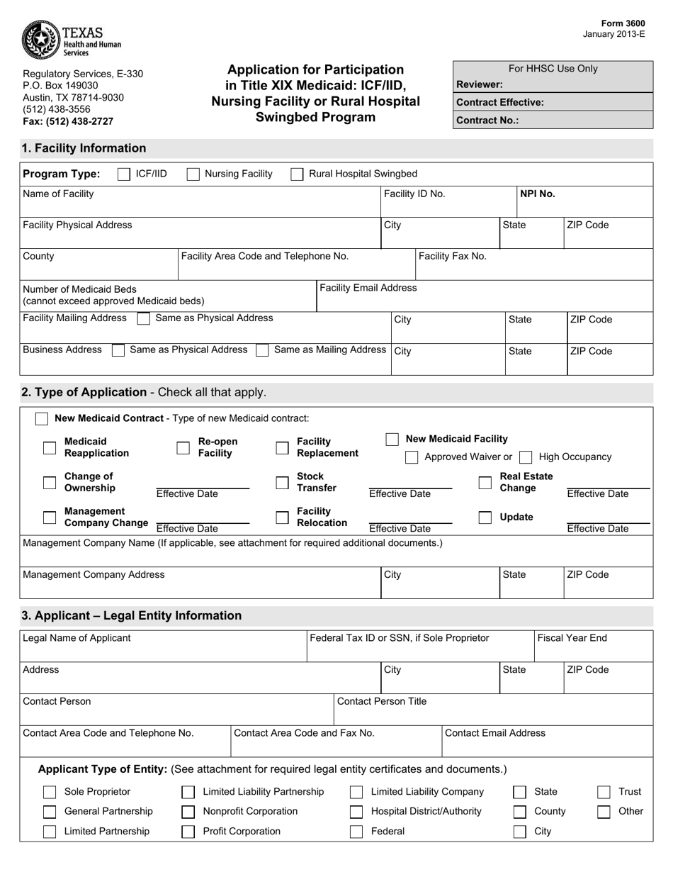 Form 3600 Application for Participation in Title Xix Medicaid: Icf / Iid, Nursing Facility or Rural Hospital Swingbed Program - Texas, Page 1