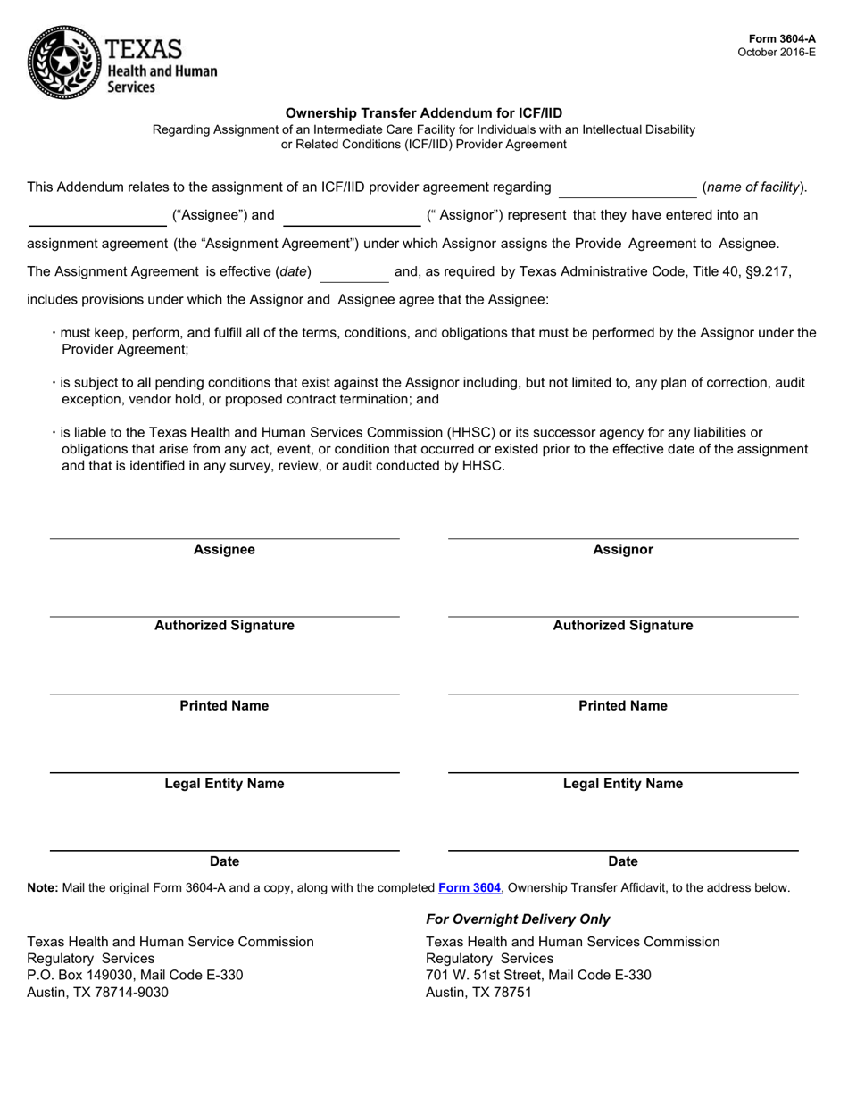 Form 3604-A Ownership Transfer Affidavit Addendum for Icf / Iid - Texas, Page 1