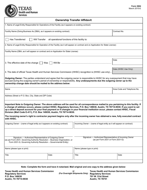 Form 3604 Ownership Transfer Affidavit - Texas