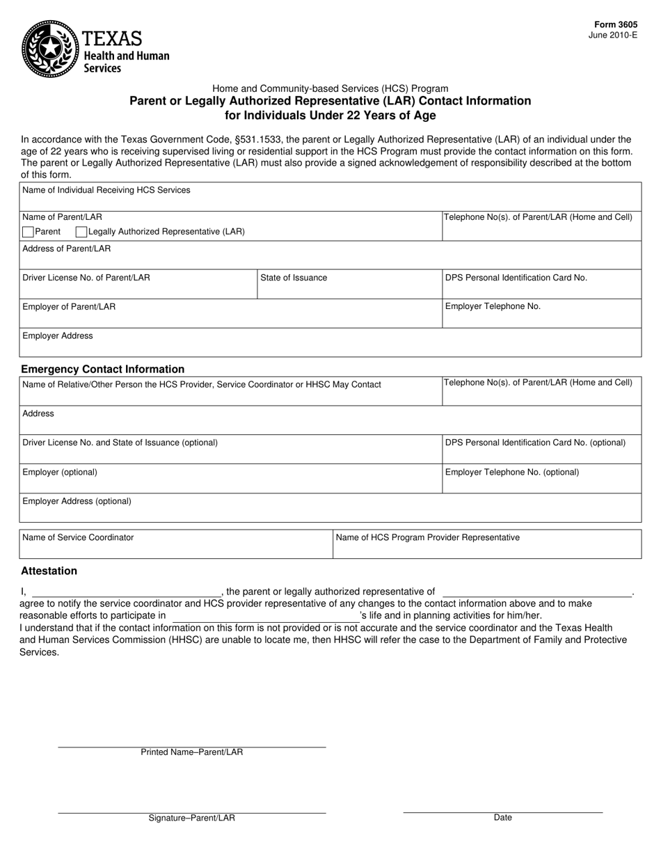 Form 3605 Parent or Legally Authorized Representative (Lar) Contact Information for Individuals Under 22 Years of Age - Texas, Page 1