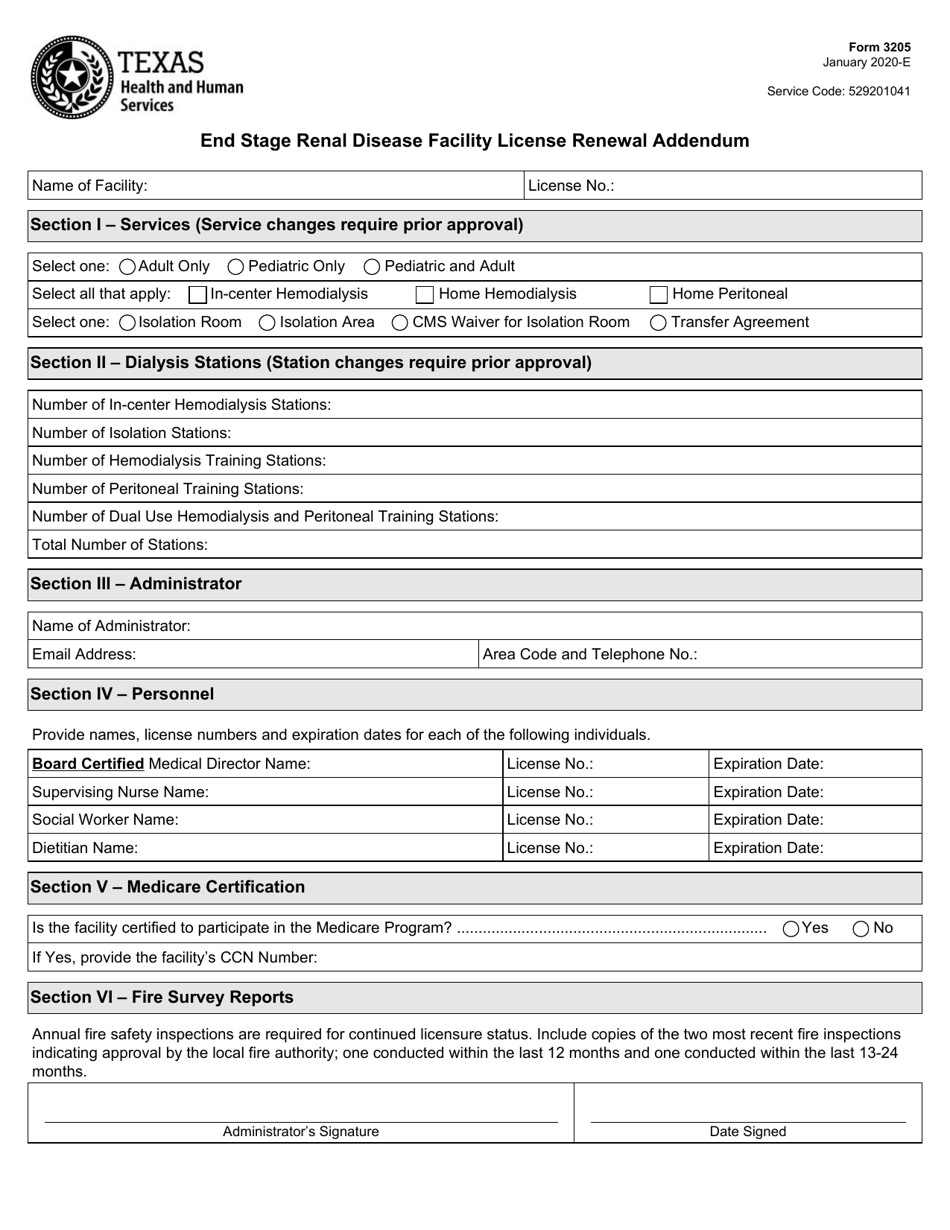 Form 3205 End Stage Renal Disease Facility License Renewal Addendum - Texas, Page 1