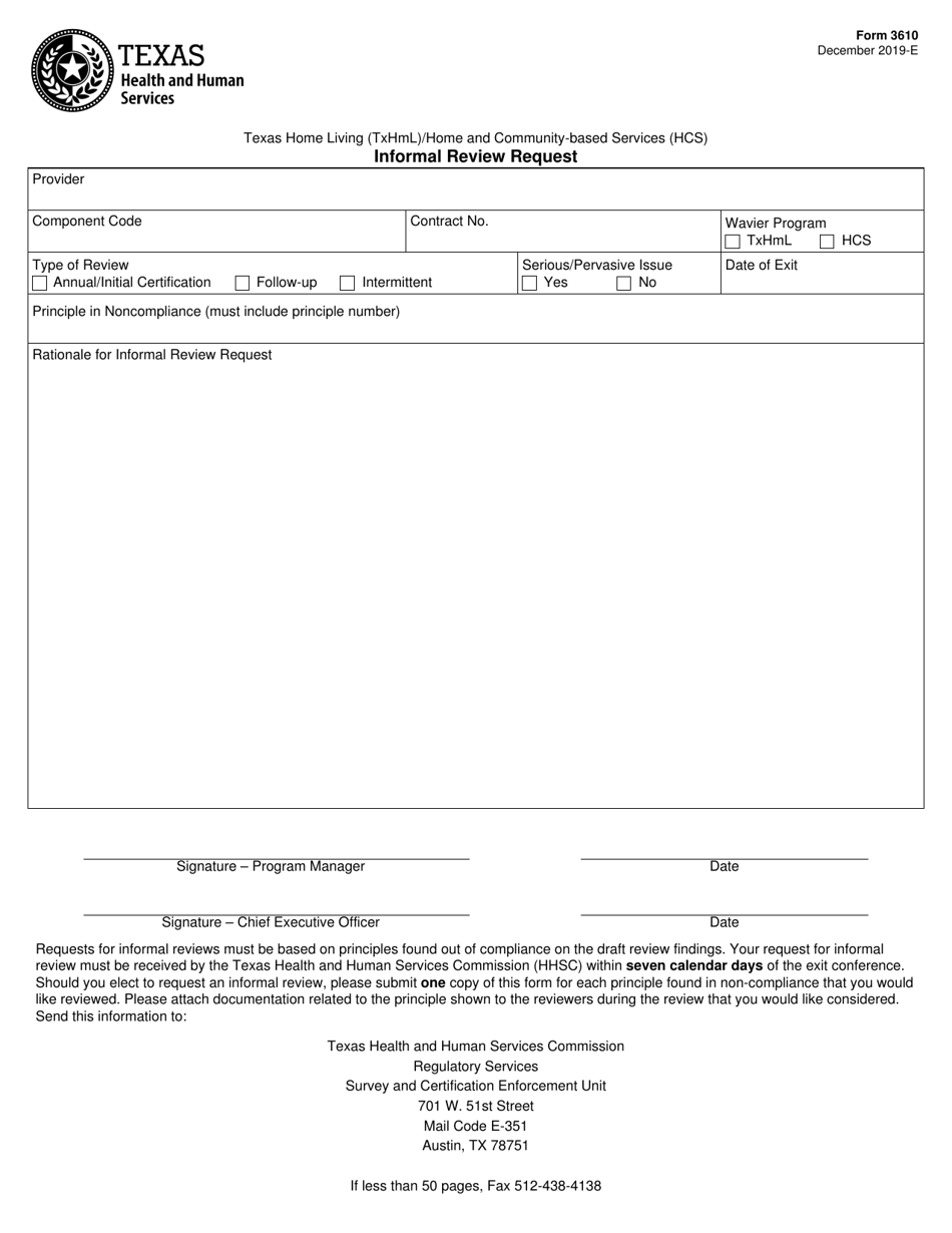 Form 3610 Informal Review Request - Texas, Page 1