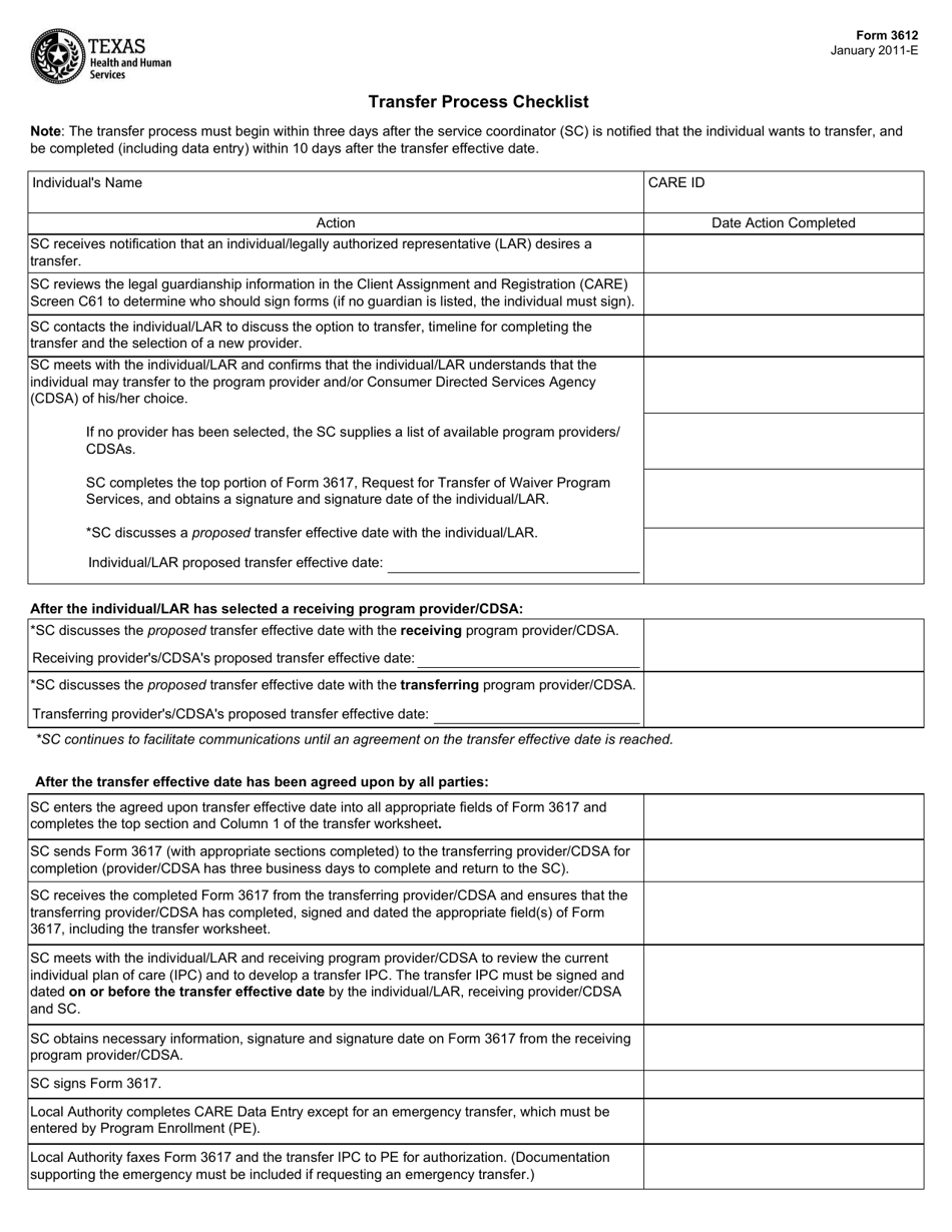 Form 3612 Transfer Process Checklist - Texas, Page 1