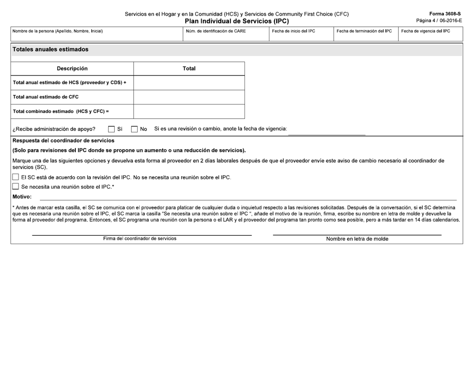Formulario 3608-S Plan Individual De Servicios (Ipc) - Texas (Spanish), Page 4