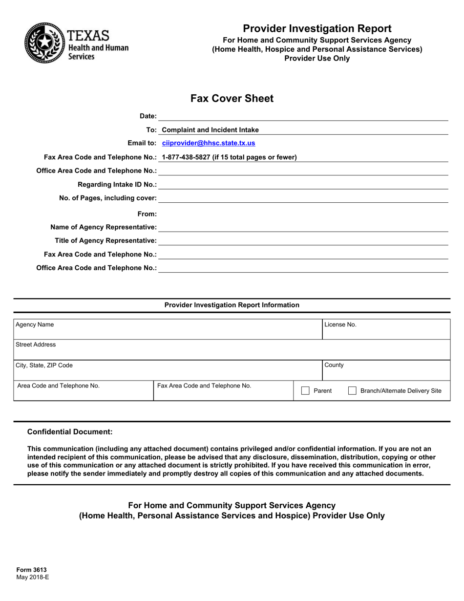 Form 3613 Provider Investigation Report With Fax Cover Sheet (Home Health, Hospice and Personal Assistance Services Provider Use Only) - Texas, Page 1