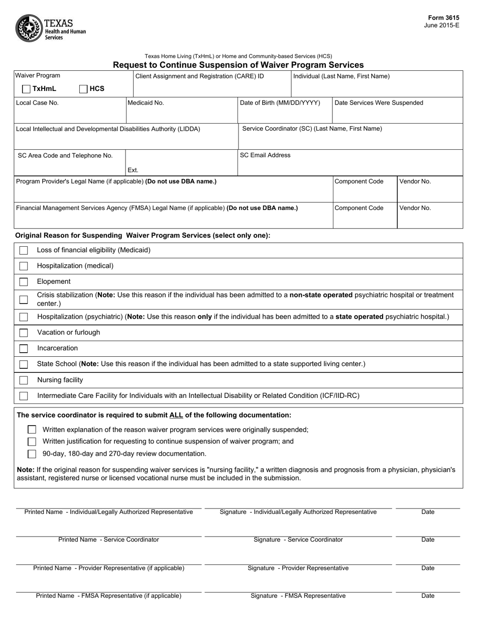 Form 3615 Request to Continue Suspension of Waiver Program Services - Texas, Page 1