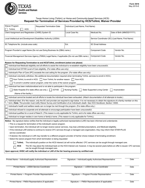 Form 3616 Request for Termination of Services Provided by Hcs/Txhml Waiver Provider - Texas