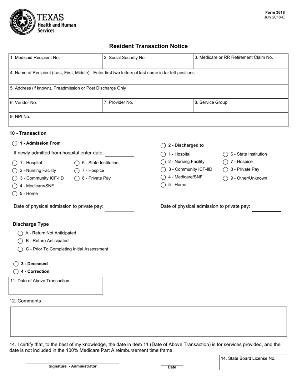 Form 3618 Resident Transaction Notice - Texas, Page 1
