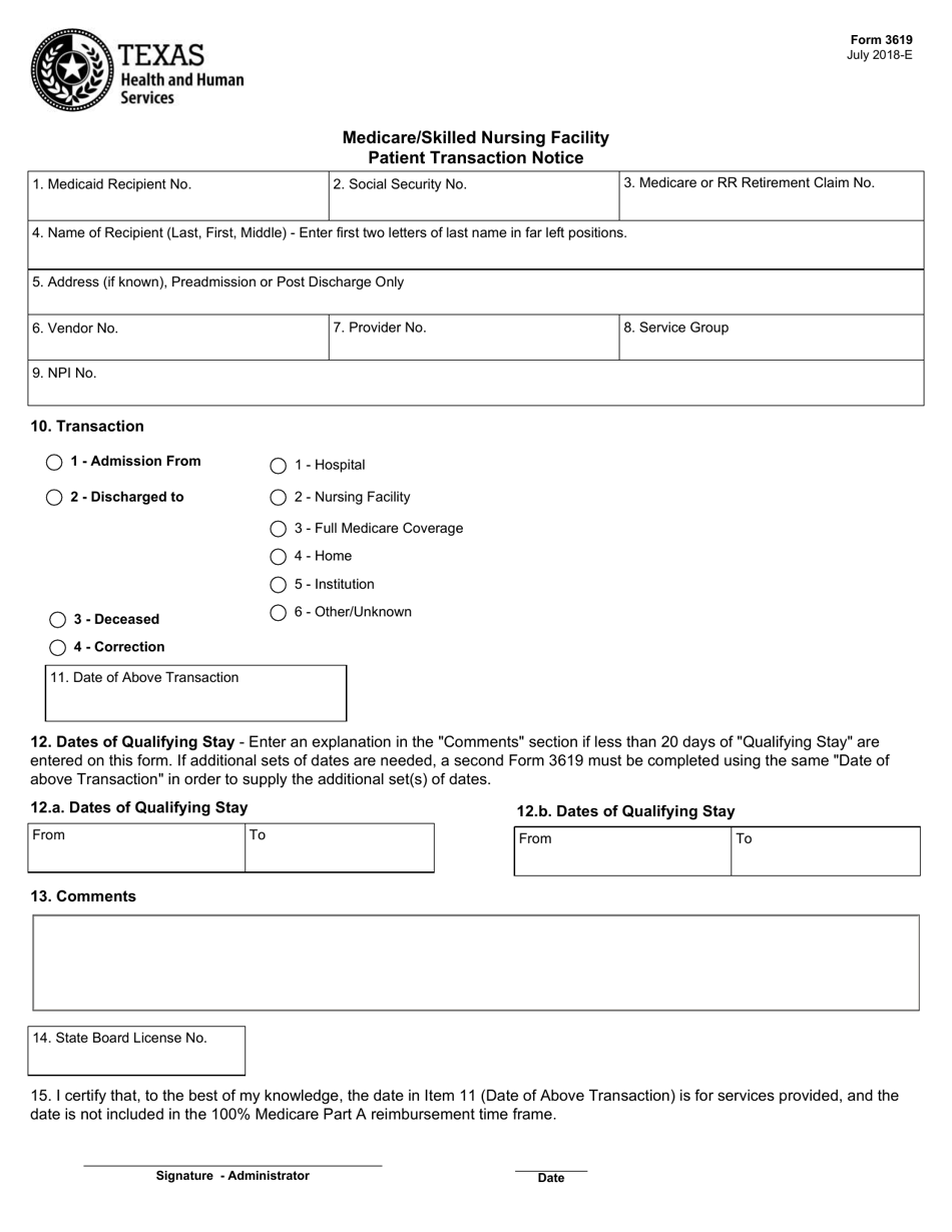 Form 3619 Medicare/Skilled Nursing Facility Patient Transaction Notice - Texas, Page 1