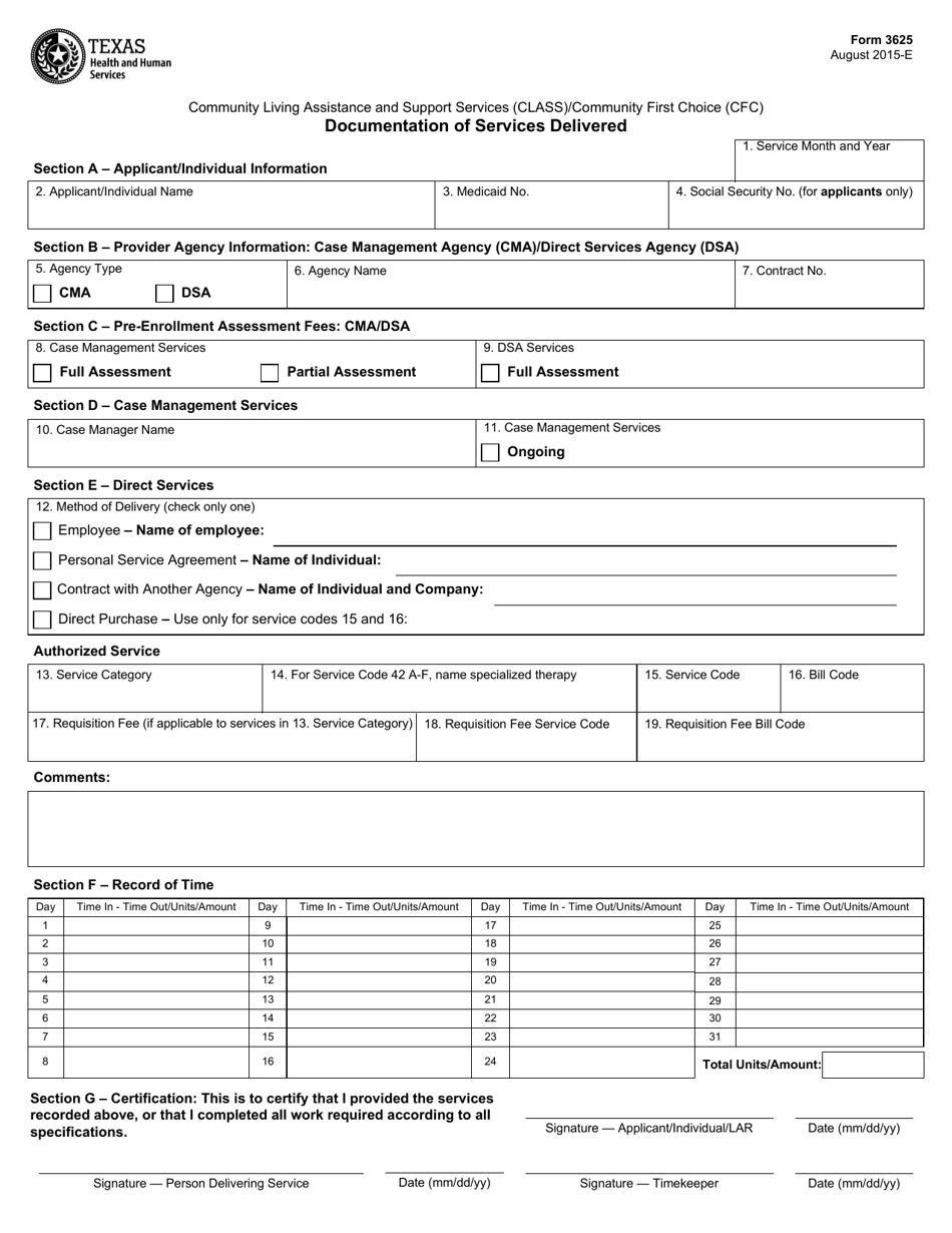 Form 3625 Documentation of Services Delivered - Texas, Page 1
