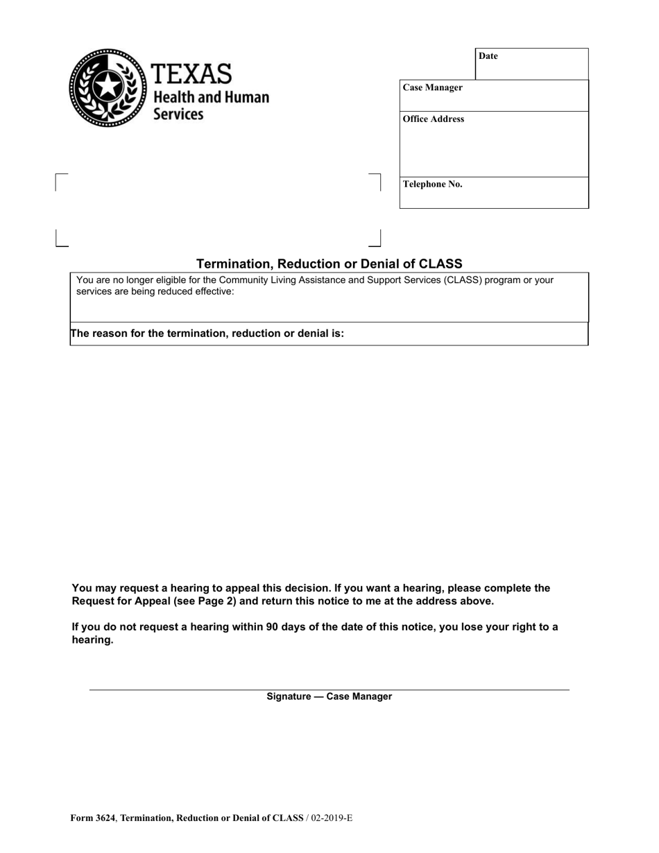 Form 3624 Termination, Reduction or Denial of Class - Texas, Page 1