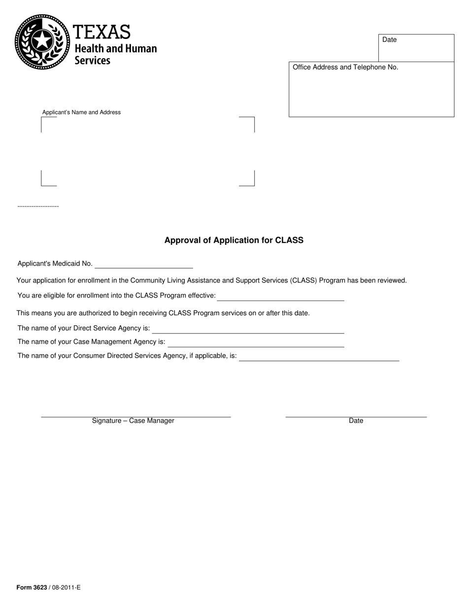 Form 3623 Approval of Application for Class - Texas (English / Spanish), Page 1