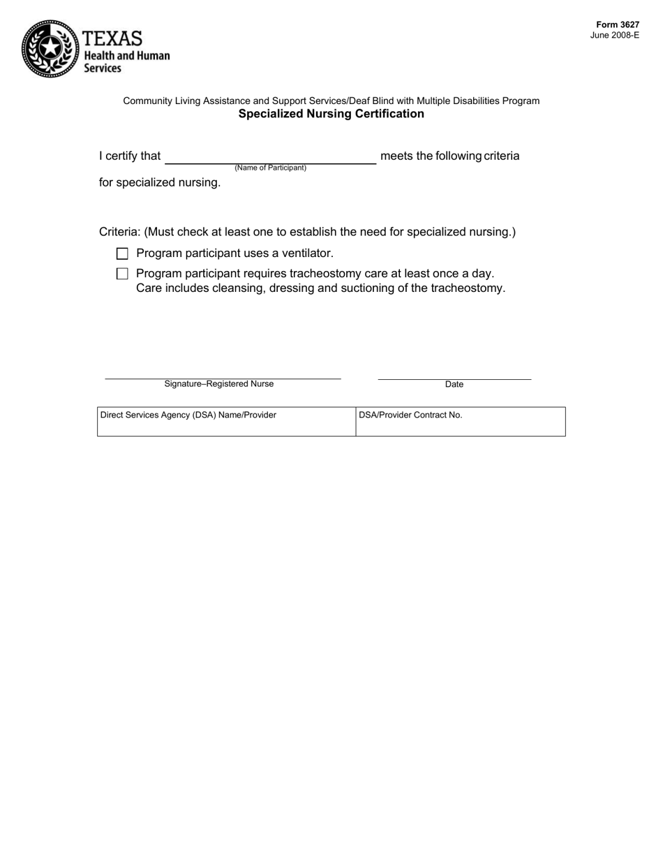 Form 3627 Specialized Nursing Certification - Texas, Page 1