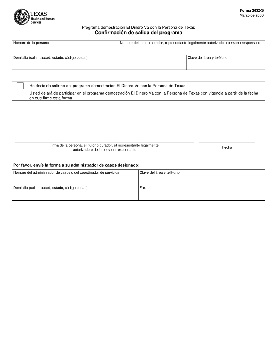 Formulario 3632-S Confirmacion De Salida Del Programa - Texas (Spanish), Page 1