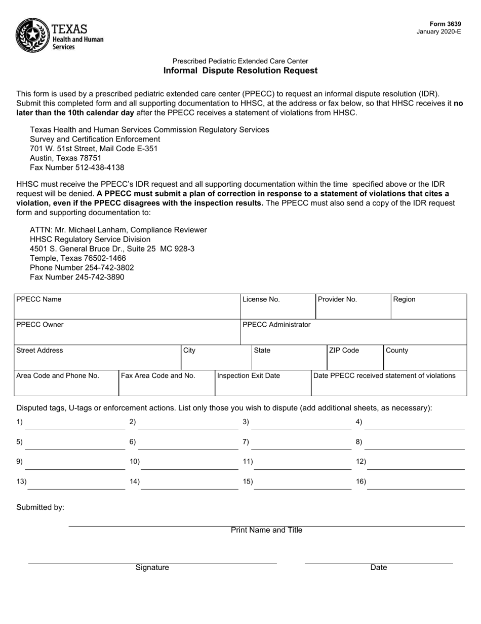 Form 3639 Informal Dispute Resolution Request - Texas, Page 1