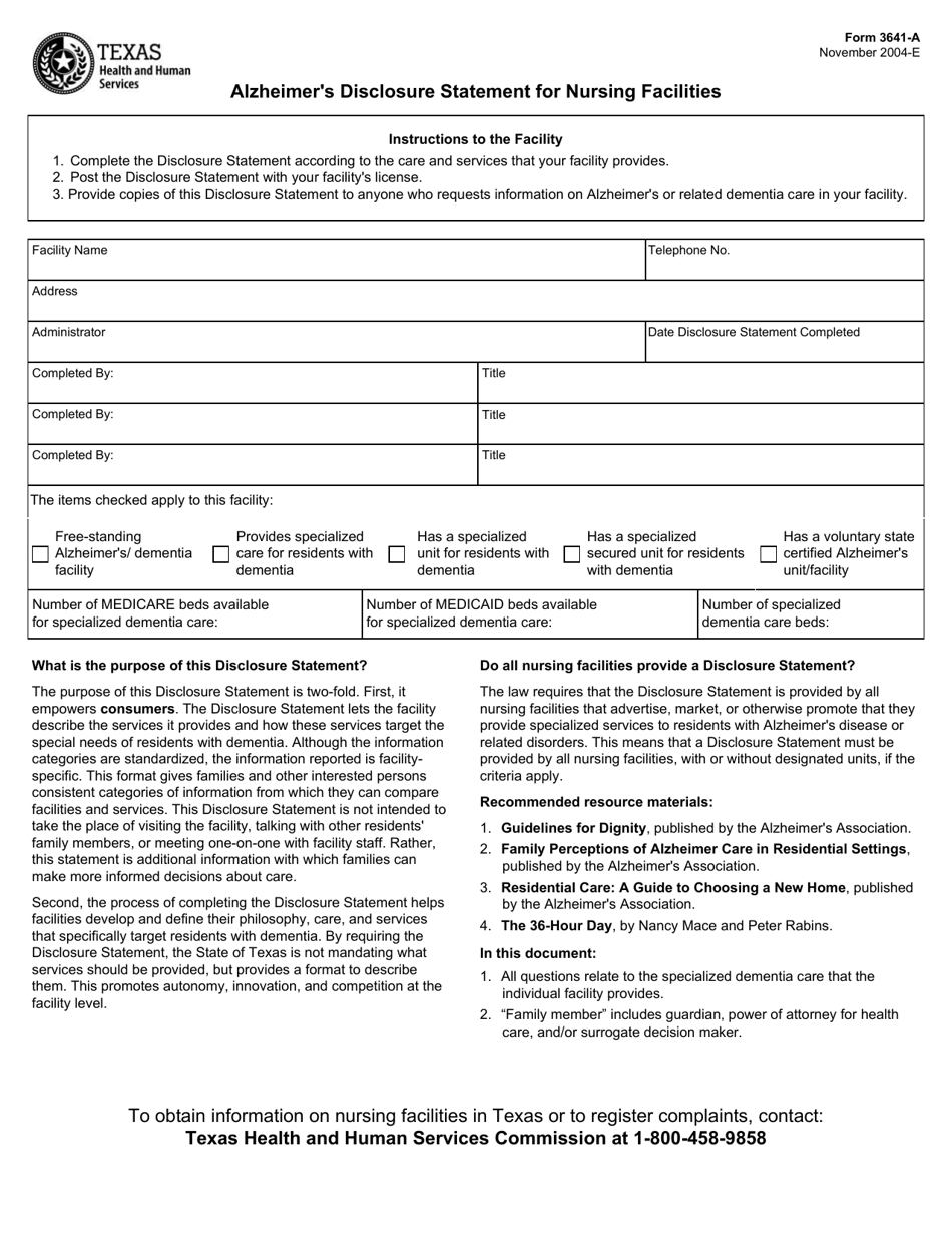 Form 3641-A Alzheimers Disclosure Statement for Nursing Facilities - Texas, Page 1