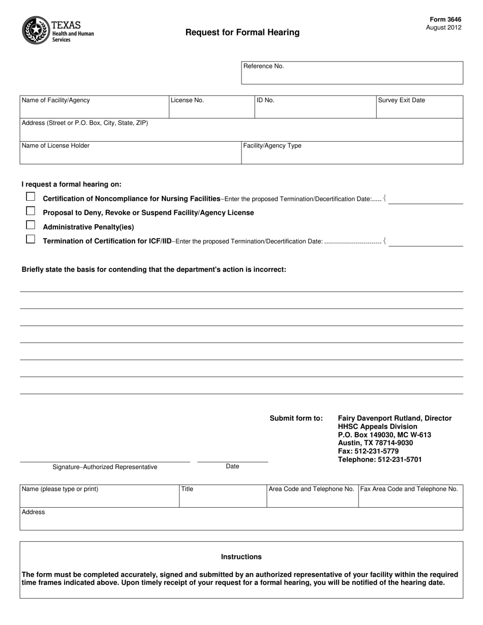 Form 3646 Request for Formal Hearing - Texas, Page 1