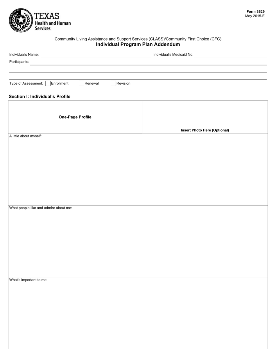 Form 3629 Individual Program Plan Addendum - Texas, Page 1