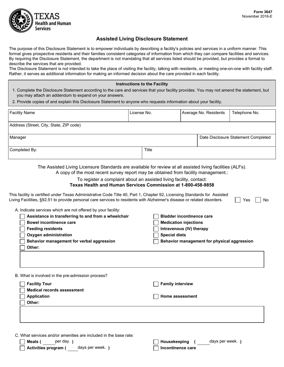 Form 3647 Assisted Living Disclosure Statement - Texas, Page 1