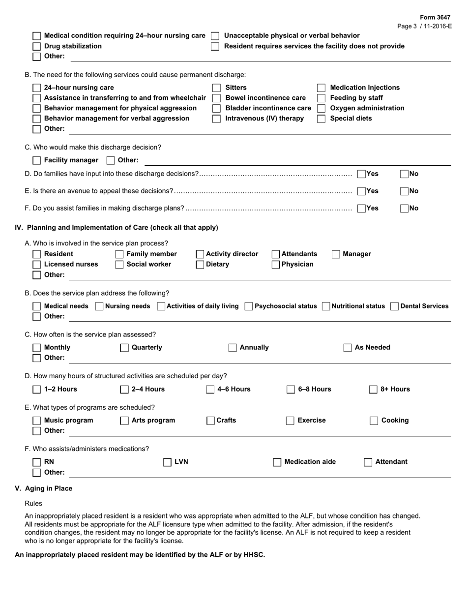 Form 3647 Assisted Living Disclosure Statement - Texas, Page 3