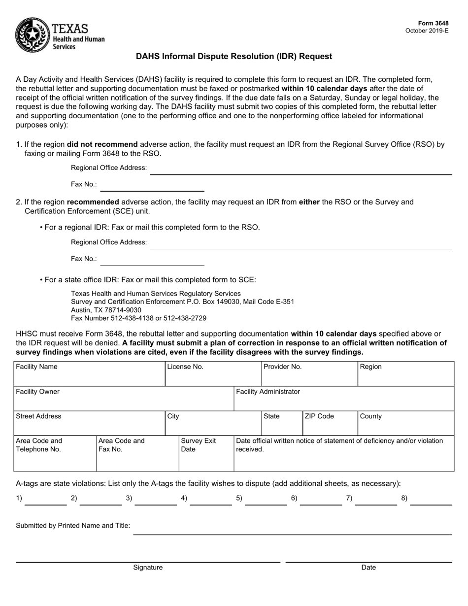 Form 3648 Dahs Informal Dispute Resolution (Idr) Request - Texas, Page 1
