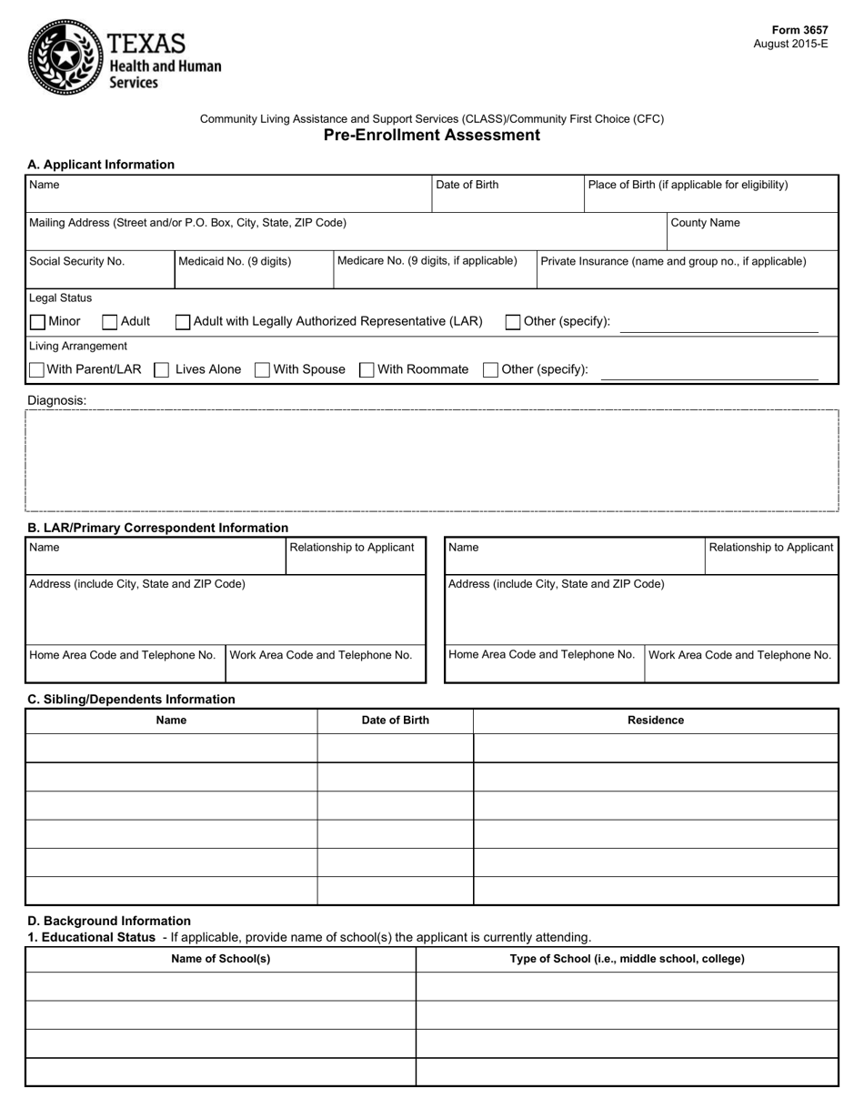 Form 3657 Pre-enrollment Assessment - Texas, Page 1