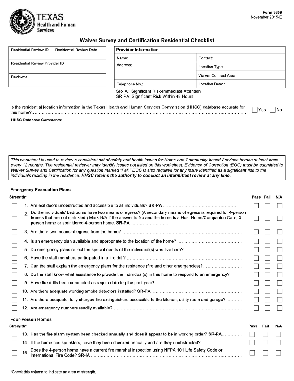 Form 3609 Waiver Survey and Certification Residential Checklist - Texas, Page 1