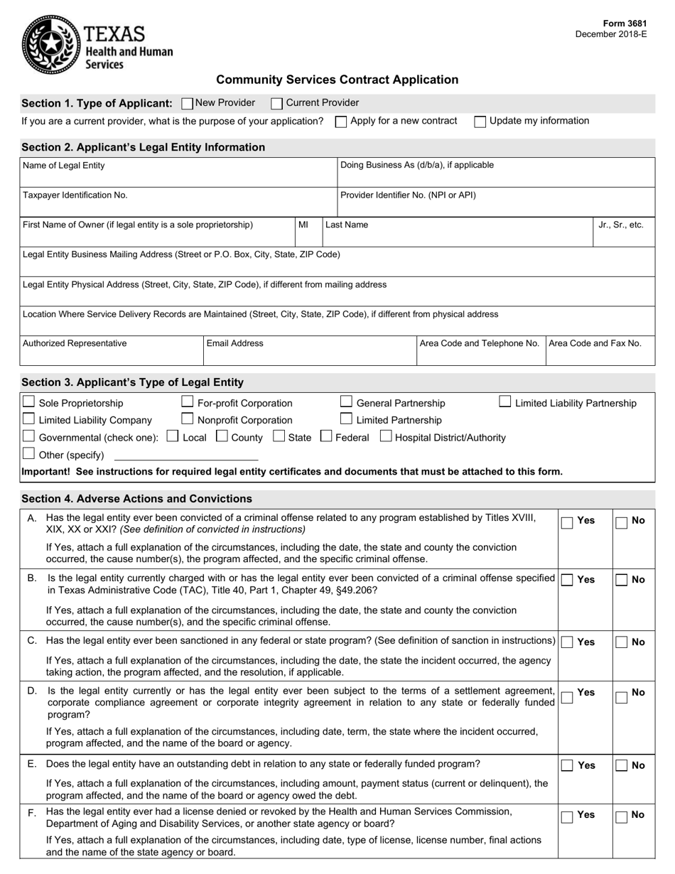 Form 3681 Community Services Contract Application - Texas, Page 1