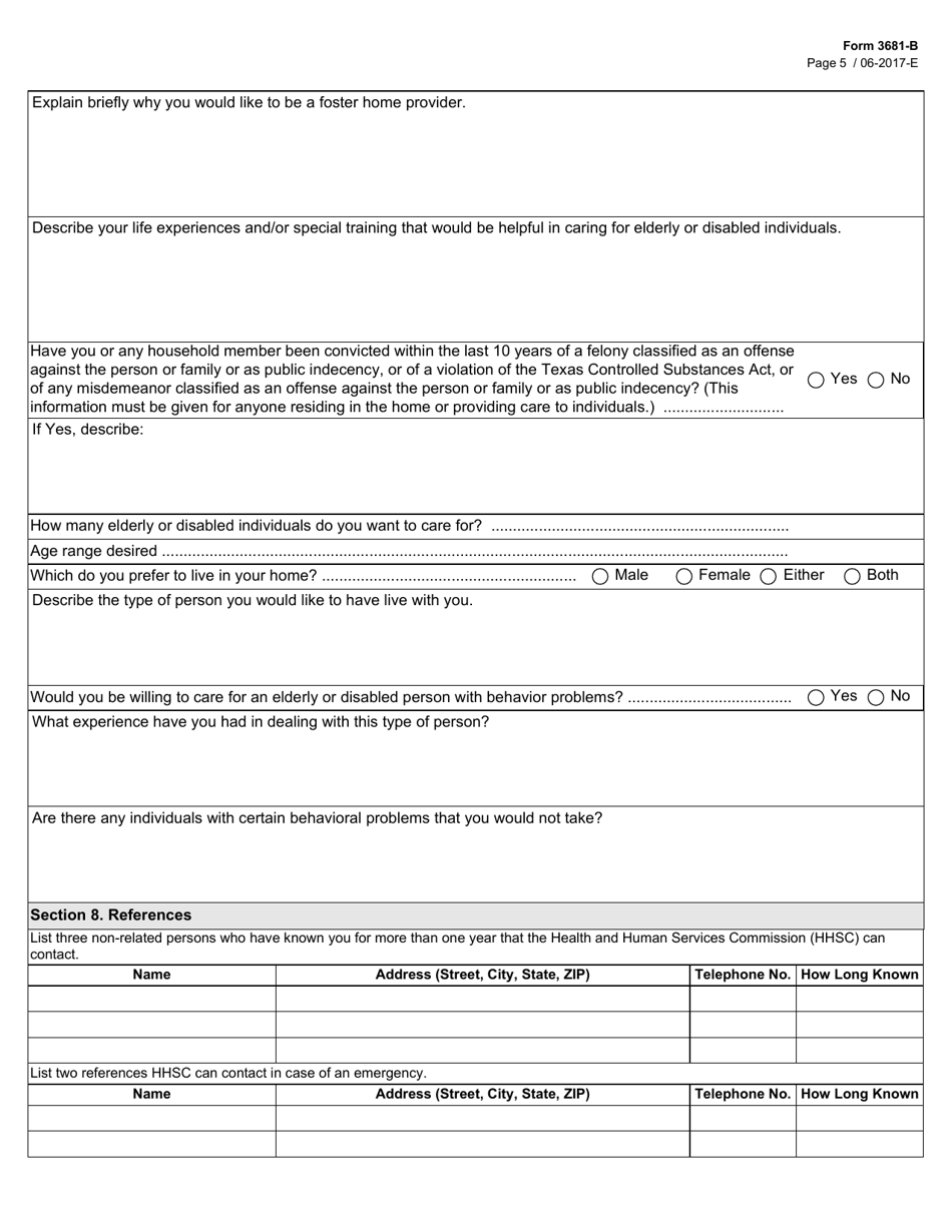 Form 3681-B Addendum B Community Services Contract Application - Adult Foster Care Provider Questionnaire - Texas, Page 5