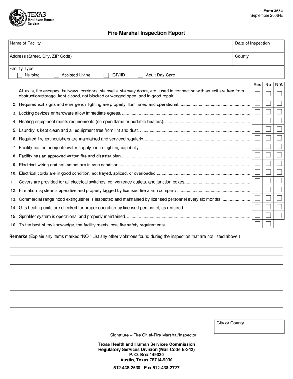 Form 3654 Fire Marshal Inspection Report - Texas, Page 1